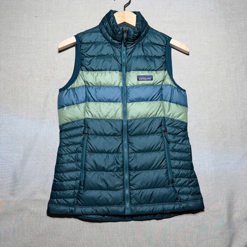 Patagonia Vest Womens XS Green Striped 84628 Down Sweater Puffer Outdoor
